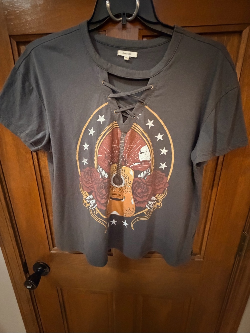 Maurices Charcoal Lace-Up Graphic Tee with Guitar & Roses